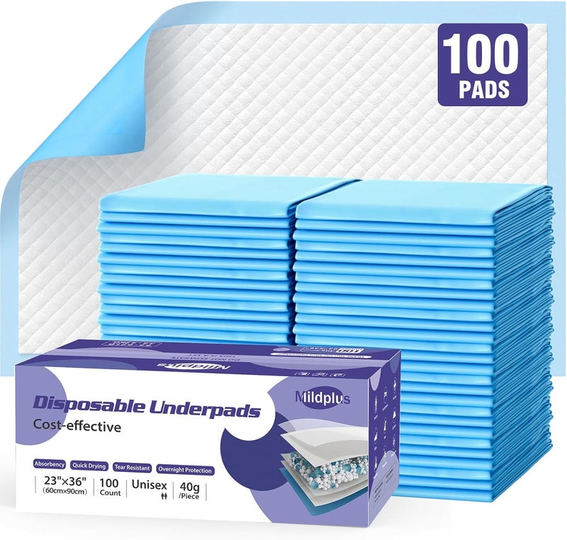 MILDPLUS Disposable Pads 23"×36" (100pcs) Moderate Absorbent Underpads Incontinence Bed Pads Disposable Chucks, Pee Pads for Kids, Adults and Pet - Image 1